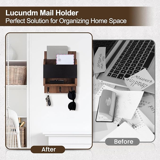 Key and Mail Holder for Wall, Key Holder with Chalkboard and Long Storage Box, Key Hanger with 3 Sturdy Hooks for Coat, Dog Leash, Entryway Mail Organizer (Brown)