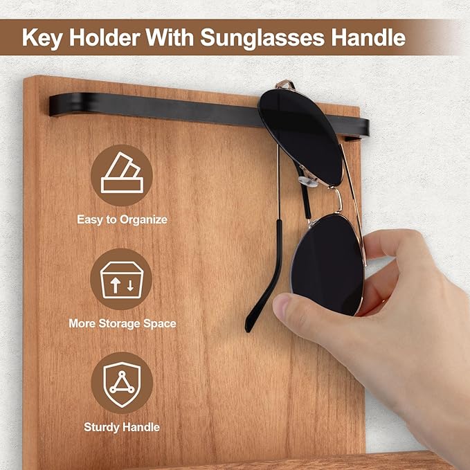 Lucundm Key Holder Wall Mount, Key Holder for Wall with 4 Hooks, Farmhouse Key Hanger Holds Dog Leash, Sunglasses – Decorative Mail Organizer Home Decor (Wood)