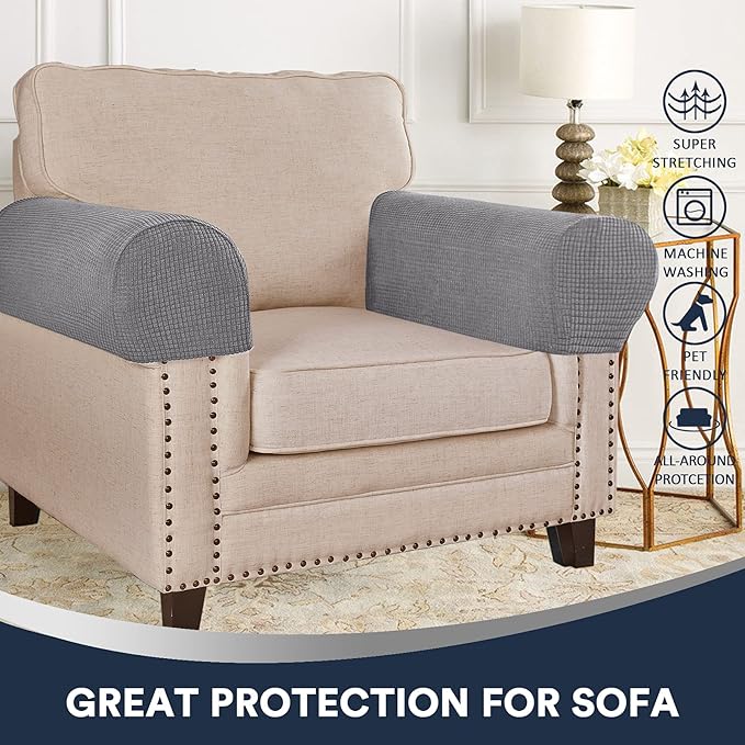 Spandex Jacquard Arm Covers for Chairs and Sofas - Anti-Slip Couch Armrest Protectors, Set of 2, Light Grey