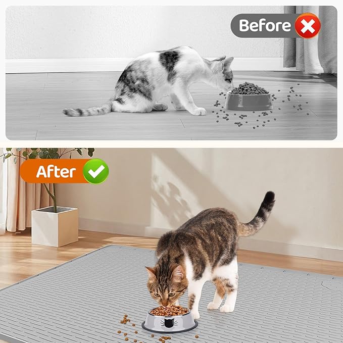 Bartuke Cat Food Mat, 50" x 35" Extra Large Silicone Pet Feeding Mat with Raised Edge Pet Placemat for Food and Water Bowl Non-Slip, Easy to Clean, Floor Protection (Grey)
