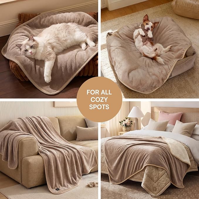Luciphia Waterproof Blanket for Dog Washable Reversible Sherpa Fleece Throw Blanket for Bed Couch Soft Liquid Pee Proof Furniture Cover Protector for Small Medium Large Pet Cat Khaki 57" x 40"