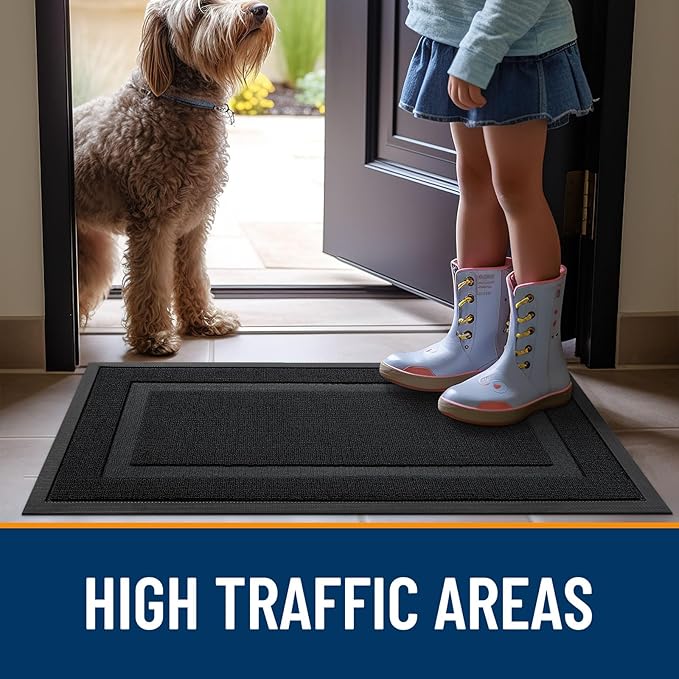 OLANLY Front Door Mat Indoor Outdoor Entrance, Waterproof All-Season, All-Weather Doormat, Sturdy Natural Rubber, Low Profile, Easy Clean Patio Porch Entryway Mat, 35x23, Jet Black