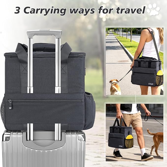 Dog Travel Bag, Large Pet Travel Set with Multi-Function Pockets, 2 Food Storage Containers, 2 Collapsible Bowls, 1 Feeding Mat for Pet Supplies, Road Trip Essentials, Weekend Camping (Black)