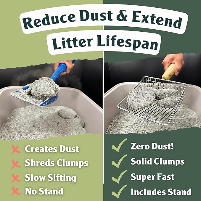 2 PACK Sprinkle & Sweep Metal Cat Litter Scoop - Heavy Duty Litter Scooper & Speed Sifter with Comfortable Beech Wood Grip - Washable Convenient Stand for Easy and Efficient Cleaning