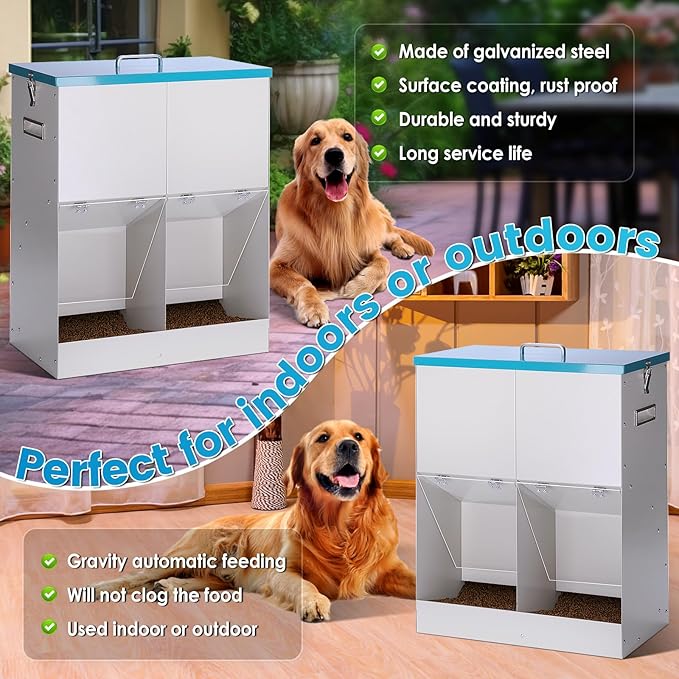 46lbs Automatic Dog Feeder for 2 Dogs Large Breed Dog Food Dispenser Outdoor Gravity Dual Pet Feeder Galvanized Steel Hangable Outside Pet Feeding Station
