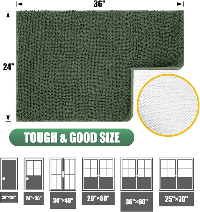 IM HOME Chenille Absorbent Outdoor Doormat 36" x 24", Washable Muddy Door Mats for Dog Non Slip Indoor Doormat Dog Mat for Muddy Paw Front Inside Doormats for Entryway Olive