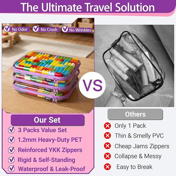 YQBRAO 3-Pack Large Clear Hard Shell Zipper Case, 1.2mm Ultra-Thick Rigid Toy & Closet Organizer, Heavy-Duty Diaper Bag Pouch Set with YKK Zippers, Waterproof Travel Storage (Purple)