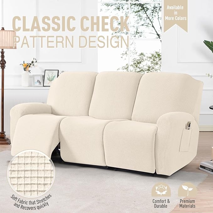 TAOCOCO Recliner Sofa Covers 8-Pieces Stretch Large Couch Covers for 3 Seats Reclining Slipcovers Soft Jacquard Pattern Furniture Protector (Beige)