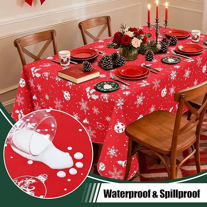 misaya Rectangle Waterproof Vinyl Table Cloth, Wipeable Tablecloth with Flannel Backing, Plastic Table Cover for Dinner, Christmas Party (Bells, 60" x 102")