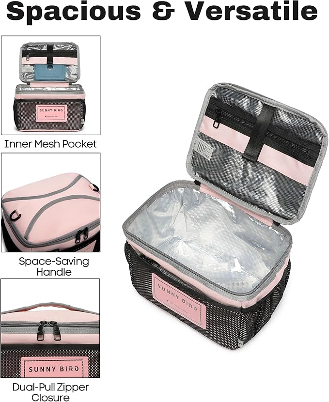 SUNNY BIRD Insulated Lunch Bag with Foldable and Leakproof Design, Thermally Insulated, Shoulder Strap for Women, Men and Teen (Pink 002)