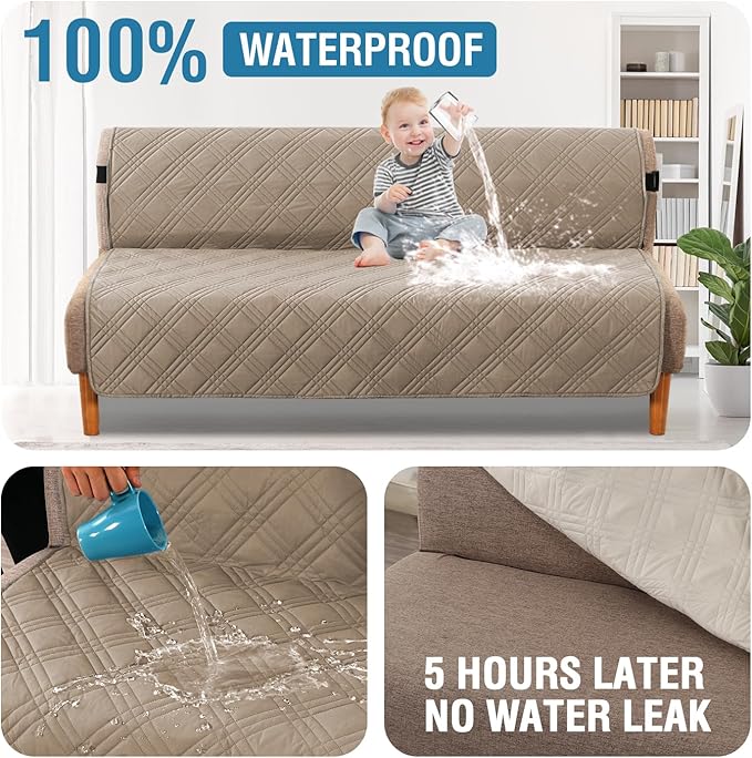 H.VERSAILTEX 100% Waterproof Futon Sofa Slipcover Reversible Sofa Cover Armless Futon Cover Soft Thicken Sofa Bed Pets Kids Dog Cat Fit Sitting Width Up to 70", Taupe/Beige