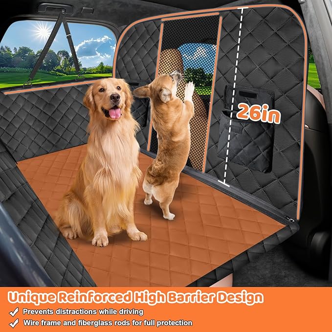 URPOWER High Barrier Back Seat Extender for Dogs, Hard Bottom Dog Car Seat Cover Holds 550 lbs, Waterproof Dog Hammock for Cars, SUV, Dogs Car Bed Pet Backseat Protector with Mesh Window