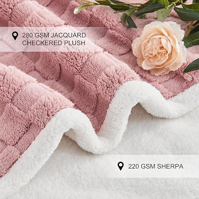 Yaning Checkered Waterproof Blanket for Bed Couch Sofa Car, Fluffy Soft Dog Blanket with 3D Jacquard Grid Pattern, Reversible Leakproof Pet Blankets for Dogs Cats Puppies, Dusty Pink, 60"x80"