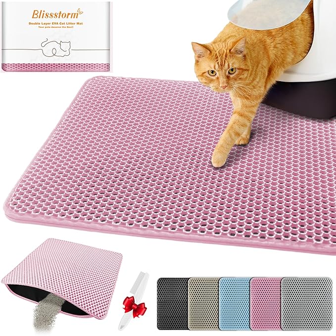 blissstorm Waterproof Cat Litter Mat, Double Layer EVA, Odor-Free Large Grid, Urine Proof, Easy Cleanup (Pink, 22 x 30)