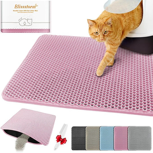 blissstorm Waterproof Cat Litter Mat, Double Layer EVA, Odor-Free Large Grid, Urine Proof, Easy Cleanup (Pink, 12 x 12)