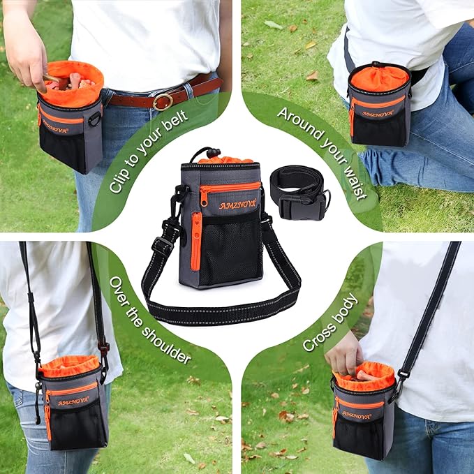 AMZNOVA Dog Treat Bag Treatkit Dog Treat Pouch, Waist Clip On Crossbody Fanny Pack for Pet, Training Pouch with Shoulder Strap & Waist Belt for Walking & Training, 6Cups, Grey