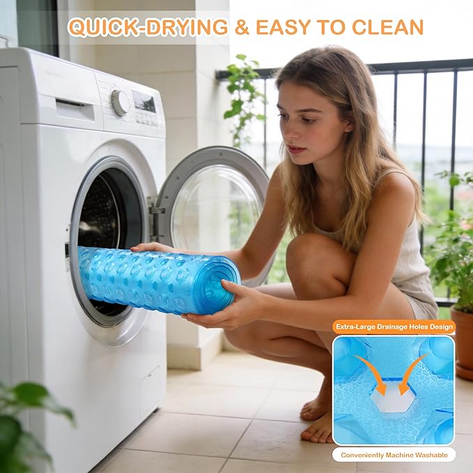 Yimobra Bath Tub Mat Non Slip, 34.5"x15.5" Long Shower Mat, Machine Washable Bathmat with Drain Holes and Suction Cups, Soft on Feet, Bathroom Essentials, Clear Blue