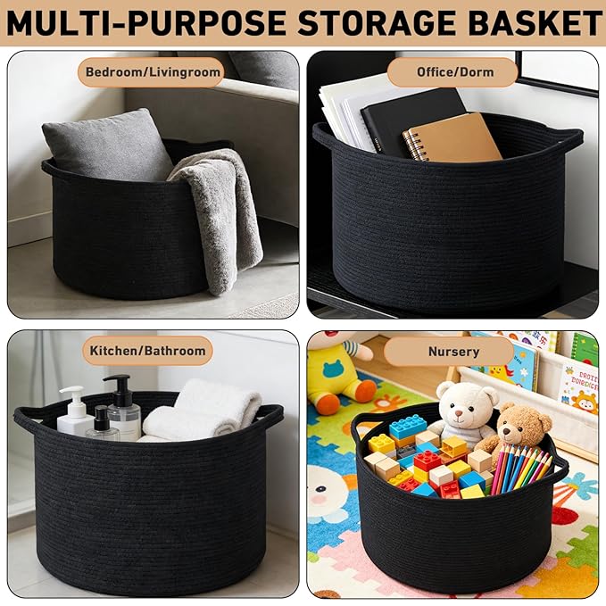 90L Large Blanket Basket,21.7"L x 21.7"W x 13.8"H Rope Woven Baskets with Handles, Toys Storage Bins,Laundry Basket Perfect for Living Room, Nursery,Bedroom,Home Organization,Black