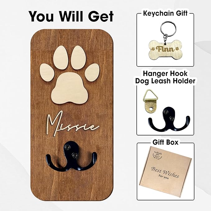 VINARTSVN Personalized Dog Leash Holder Wall Mount, Pet Harness Hanger, Dog Collar Organizer for Entryway, Key Rack for Wall Decorative, Memorial Cat Leash Holder for Wall, Pet Loss Gifts, Home Decor