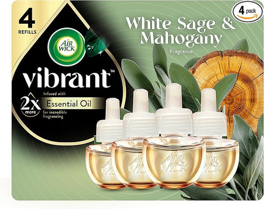 Air Wick Vibrant Plug In Scented Oil Refill, Infused with Essential Oils, Plug In Air Fresheners for Home, White Sage & Mahogany, 4 ct