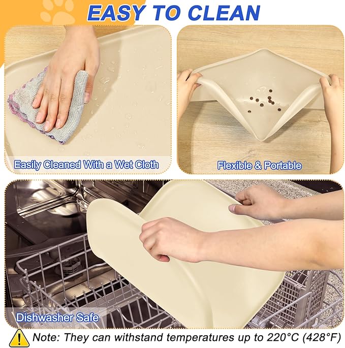 Silicone Pet Feeding Mat with Raised Edge for Food and Water, Dog Bowl Mats, Cat Bowls Placemat with High Lip for Floor Waterproof, Rubber Tray for Cats and Dogs 22 x 14 x 0.8 White Sand (Yellow Cast)