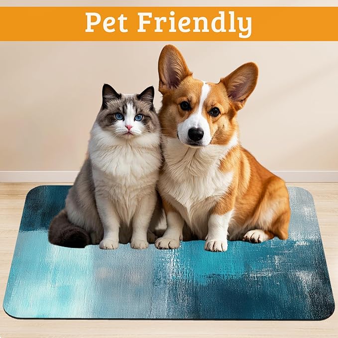 Pet Feeding Mat,Art Painting Absorbent Dog Cat Food Mat Grey Blue Dog Mat with Rubber Backing,Non-Slip Water Bowl Placemat,Pet Supplies 12" x 20"