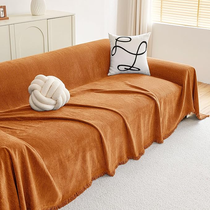 hyha Couch Cover for Dogs, Boho Sofa Covers for 3 Cushion Couch Washable, Chenille Sofa Slipcover for Pets, Soft Loveseat Sectional Couch Throw Blankets with Tassels (Orange, 71x91 Inch)