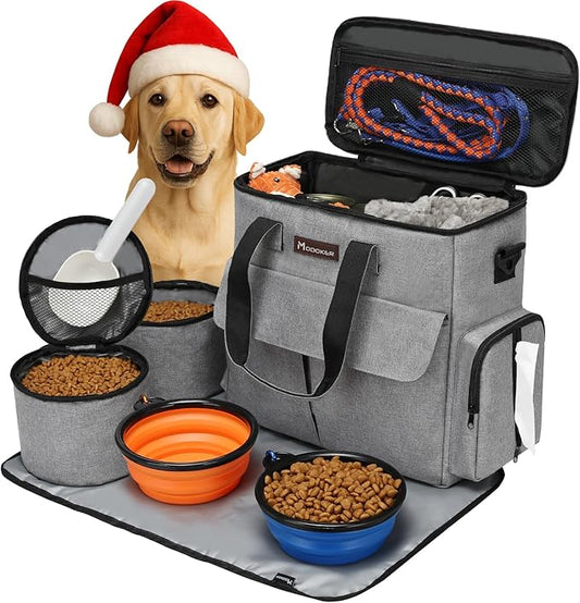 Modoker Dog Travel Bag, Weekend Pet Travel Set for Dog and Cat, Airline Approved Tote Organizer with Multi-Function Pockets, 2 Food Storage Containers, 2 Collapsible Bowls, 1 Feeding Mat (Grey)