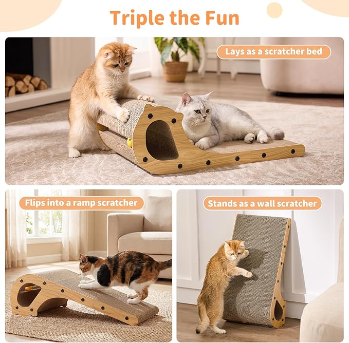 2 in 1 Cat Scratcher Bed for Indoor Cats, Large Cardboard Scratching Pad with Bell Ball Toy for Kitty As Scratch Lounge Couch with Double-Sided Usability