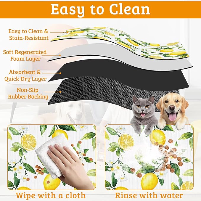 Lemon Feeding Mat,Green Leaves Absorbent Quick-Dry Cat Dog Food and Water Bowl Mats,Non-Slip Rubber Backing Mat,Cat Dog Accessories Supplies 12" x 20"