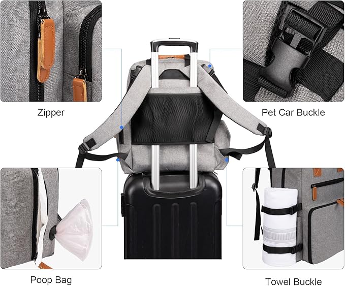 Modoker Dog Travel Bag - Airline Approved Backpack for Pet Accessories Organizer, Tote Weekend Bag with 2 Dog Food Containers, 2 Collapsible Bowls, 1 Pet Mat, Grey