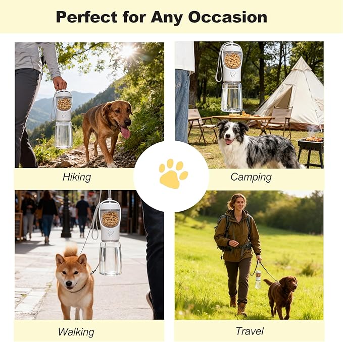 Portable Dog Water Bottle with Food Container, BPA Free Travel Water Bottle for Dogs, 2-in-1 Dispenser Drinking Feeder for Pets Walking, Hiking, Travel, Puppy Essentials, White, 19oz