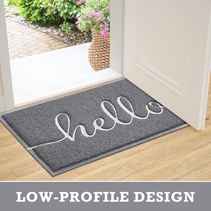 Door Mat Hello Mats Outdoor Indoor Non-Slip Doormat for Entryway Low-Profile Floor Mat for Yard, Garage, High Traffic Areas (36"x24", Grey)