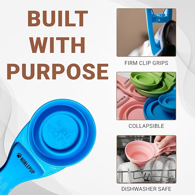 MeasureMate Pet Food Scoops with Bag Clip for Dog and Cat - 3-in-1 Multi-Function Collapsible Food Measuring Cup - 1/2 Cup Capacity, 4oz, Blue - Dishwasher Safe