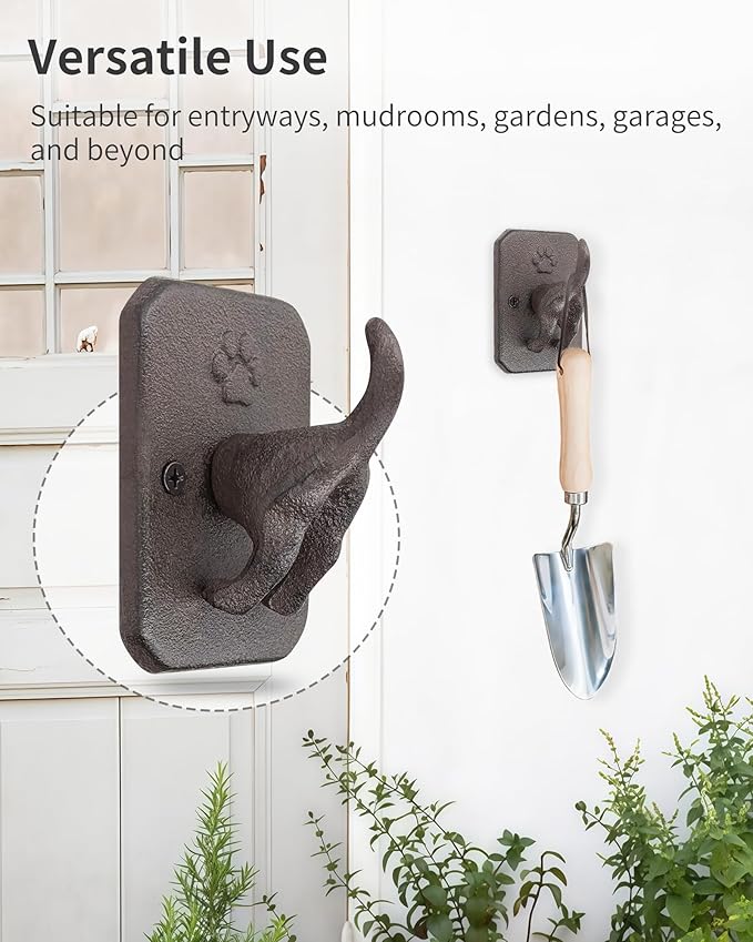 Cast Iron Dog Tail Wall Hooks - Heavy Duty Rustic Dog Leash Holder, Wall Mount Coat Hook for Hanging Key Towel Collar, Decorative Puppy Butt Paw Hanger for Farmhouse Entryway Mudroom, 3 Pack
