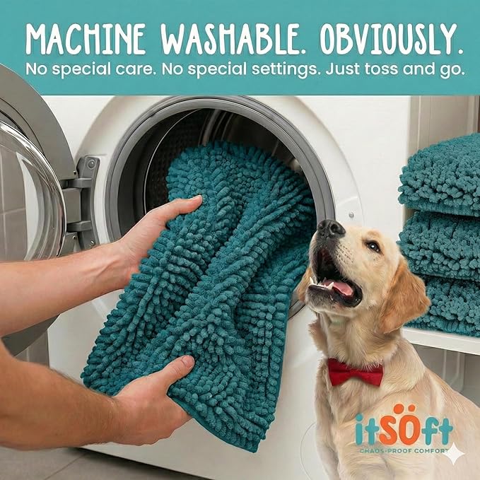 ITSOFT Dog Rugs for Muddy Paws 34x21 | Cleaner, Mud Free Floors | Dog Door Mat for Muddy Paws Muddy Rug for Dogs Absorbent Chenille Machine Washable w Non Slip Backing Outdoor Pets & Paw Matt, Teal
