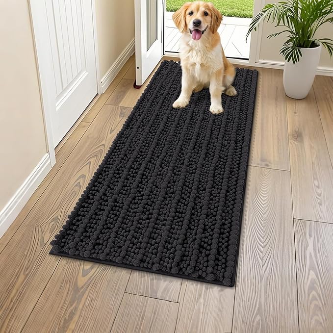 Smiry Dog Door Mat for Muddy Paws 47x24, Extra Soft Absorbent Chenille Doormat, Trap Moisture and Dirt, Non-Slip Machine Washable Front Door Mat for Indoor Entrance Inside Floor, Black