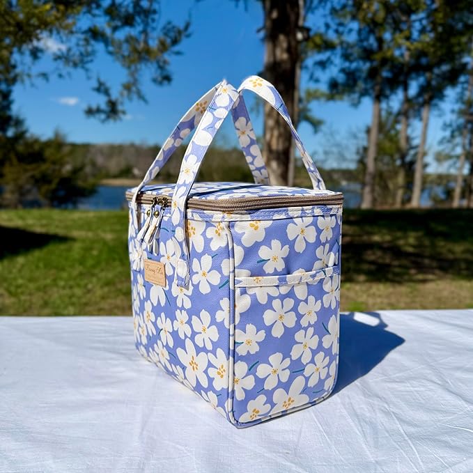 Kwang Min Floral Insulated Lunch Bag for Women,Reusable Lunch Box,Large Cooler for Office,Picnic Outdoors,Premium Quality Waterproof Fabric,Ideal Gift for Outdoors and work (Purple Cosmo)