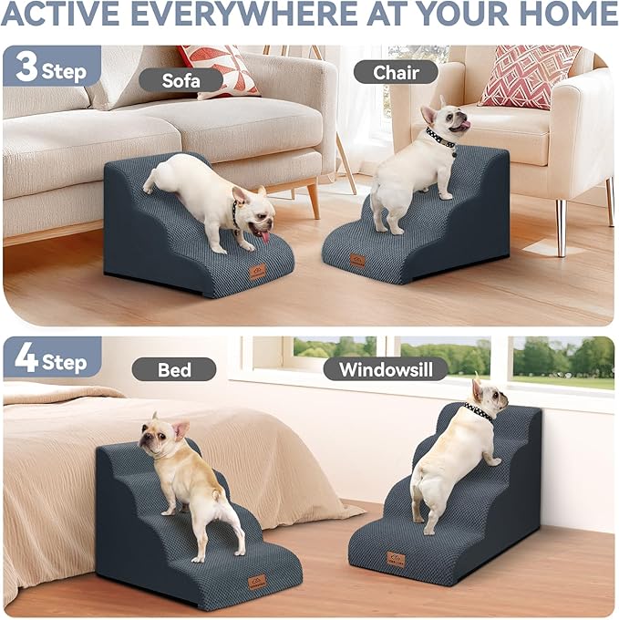 Zerbuger Dog Ramp and Stair for Bed 16" H-20 H,3-Step Cat Stair for Sofa and Chair,4-Step Dog Ramp for High Bed and Window,Durable Nonslip Fabric Cover for Indoor (Dark Grey-20 H, Pet Friendly, 4)
