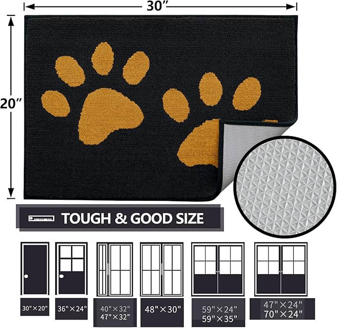 Buganda Dog Door Mat for Muddy Paws, Absorbent Dirt Trapper Washable Indoor Doormats, Non Slip Low-Profile Mud Mat for Dogs, Front Entrance Doormat for Inside Floor (36x24 Inches, Black and Yellow)
