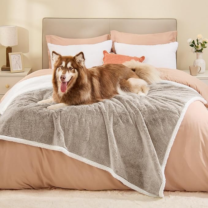 Extra Large Dog Blanket, Waterproof Faux Fur & Sherpa Oversized Pet Throw for Bed & Couch Protection, Soft Cozy Dog Blankets for Large Dogs, 60"x80", Brown