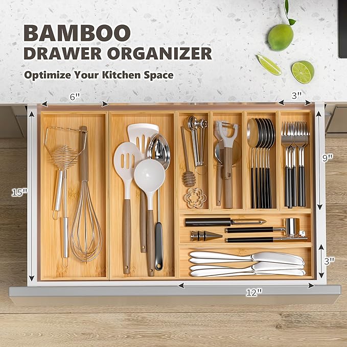 Greatseas Kitchen Drawer Organizer Bins, Stackable Bamboo Deep Drawer Organizer for Silverware, Utensils, Cutlery, Flatware, Junk Drawer, Dresser, Bathroom, 15" x 6" x 2.5" (Set of 2)