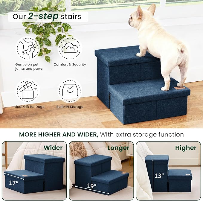 Love's cabin Dog Stairs with Storage 13" H,Foldable Pet Stairs for Small Medium or Large Dogs,Cat Puppy Steps Ramp with Zip up to 150 lbs(Navy Blue,2 Steps no Condo)