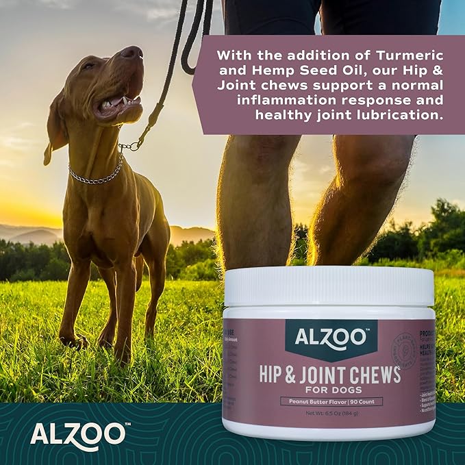 ALZOO Hip & Joint Chews for Dogs, 100% Plant-Based Active Ingredients, Peanut Butter Flavor, 90 Count
