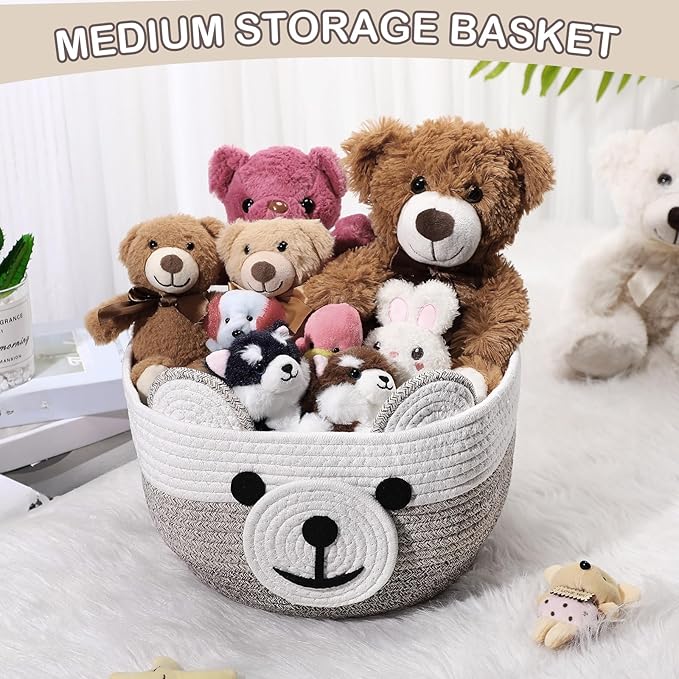 Zopeal Bear Basket 13" D x 9.5" H for Nursery Cotton Rope Woven Cute Storage Basket with Handles Animal Hamper for Baby Shower Laundry Bathroom Home Decorative