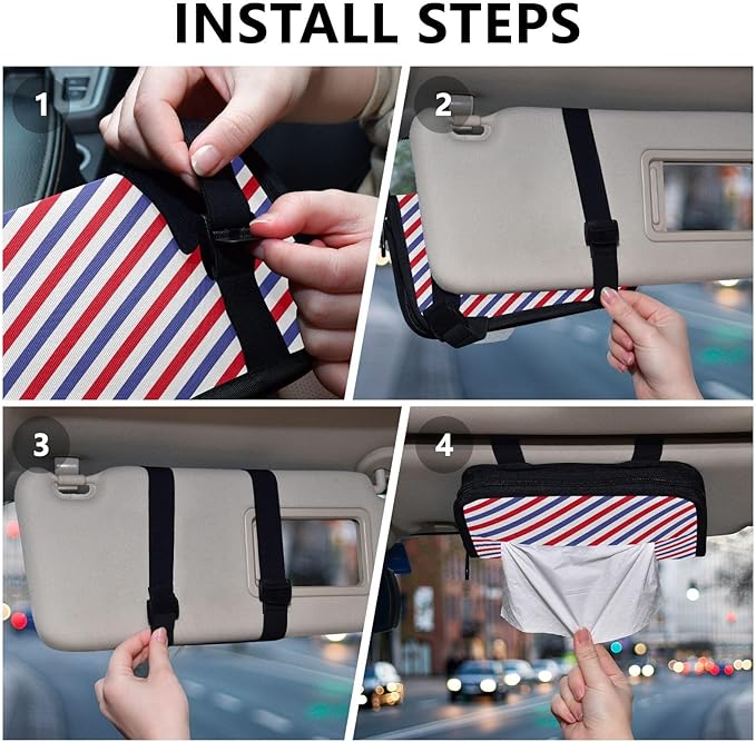 Car Tissue Holder Car Napkin Holder Car Tissue Box Dispenser Storage Case Sun Visor Mask Holder with Adjustable Straps Reusable Refillable Red and Blue Stripes