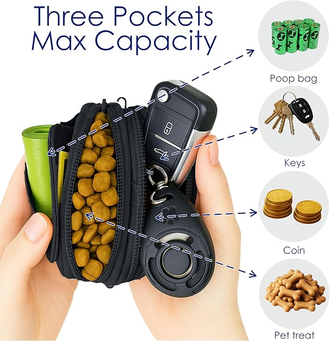 Raisingwell Dog Treat Pouch for Pet Walking and Training with Clicker, Poop Bags, and Three Bags Design Small Fanny Zipper Pack Holder for Puppy Snack Dispenser Kit for Leash and Outdoor Use (Black)
