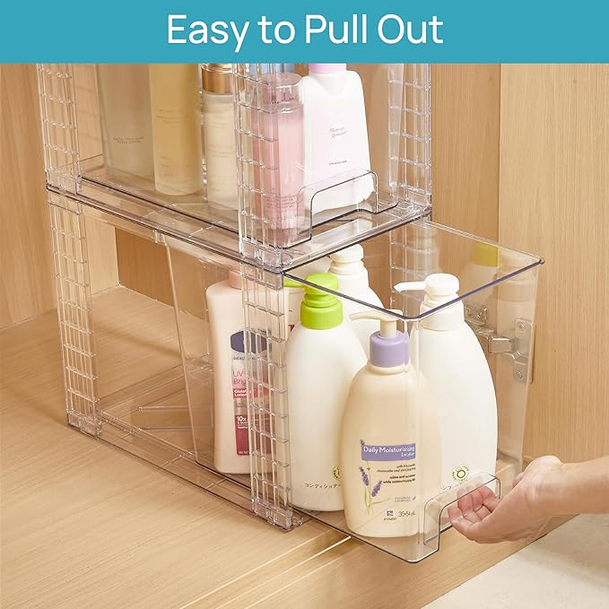Vtopmart 4 Pack Clear Stackable Storage Drawers,9.7" High Plastic Organizers Bins for Skincare, Bathroom Supplies,Ideal for Cabinet,Undersink,Vanity,Kitchen,Pantry Organization