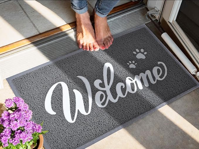 T.HENV Welcome Mat Outdoor, 2 Pack 32x20 Waterproof All-Season Front Door Mat Outside Entrance, All-Weather Quick Drying, Low Profile Doormat Indoor, Patio Porch Entryway Mat, Grey-White
