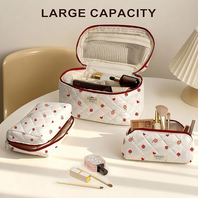 TOPEAST Christmas Gifts for Women Girls - 3Pcs Makeup Bag Large Cotton Travel Make Up Organizer, Quilted Toiletry Pouch Portable Cosmetic Bags with Compartment, Strawberry